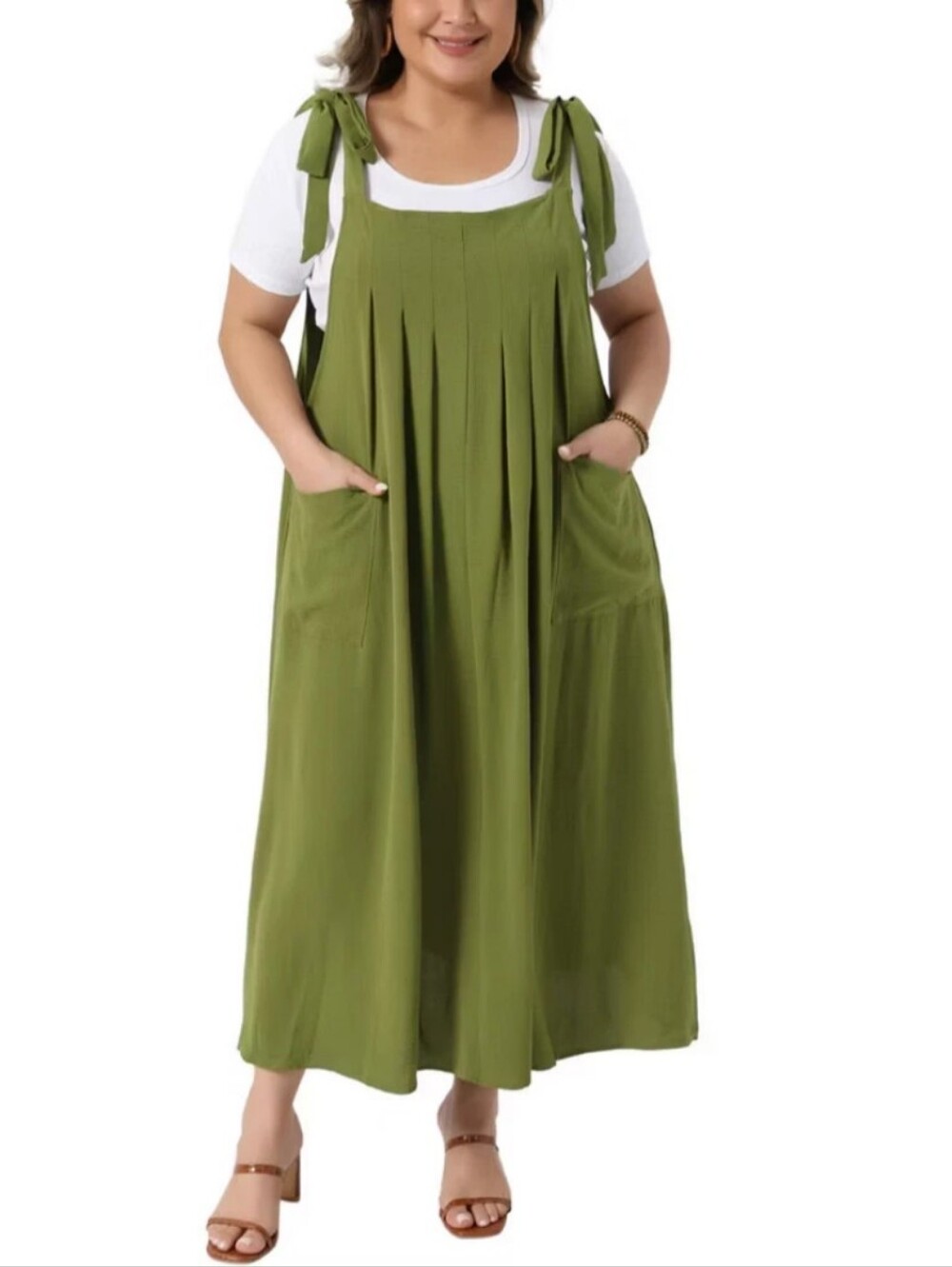 NWT  Green Tie Shoulder Pinafore Maxi Dress 3X Plus Size Pockets - Picture 2 of 7